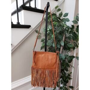 Carlos Santana Crossbody Womens Brown Polyurethane Lined Fringe Shoulder Strap
